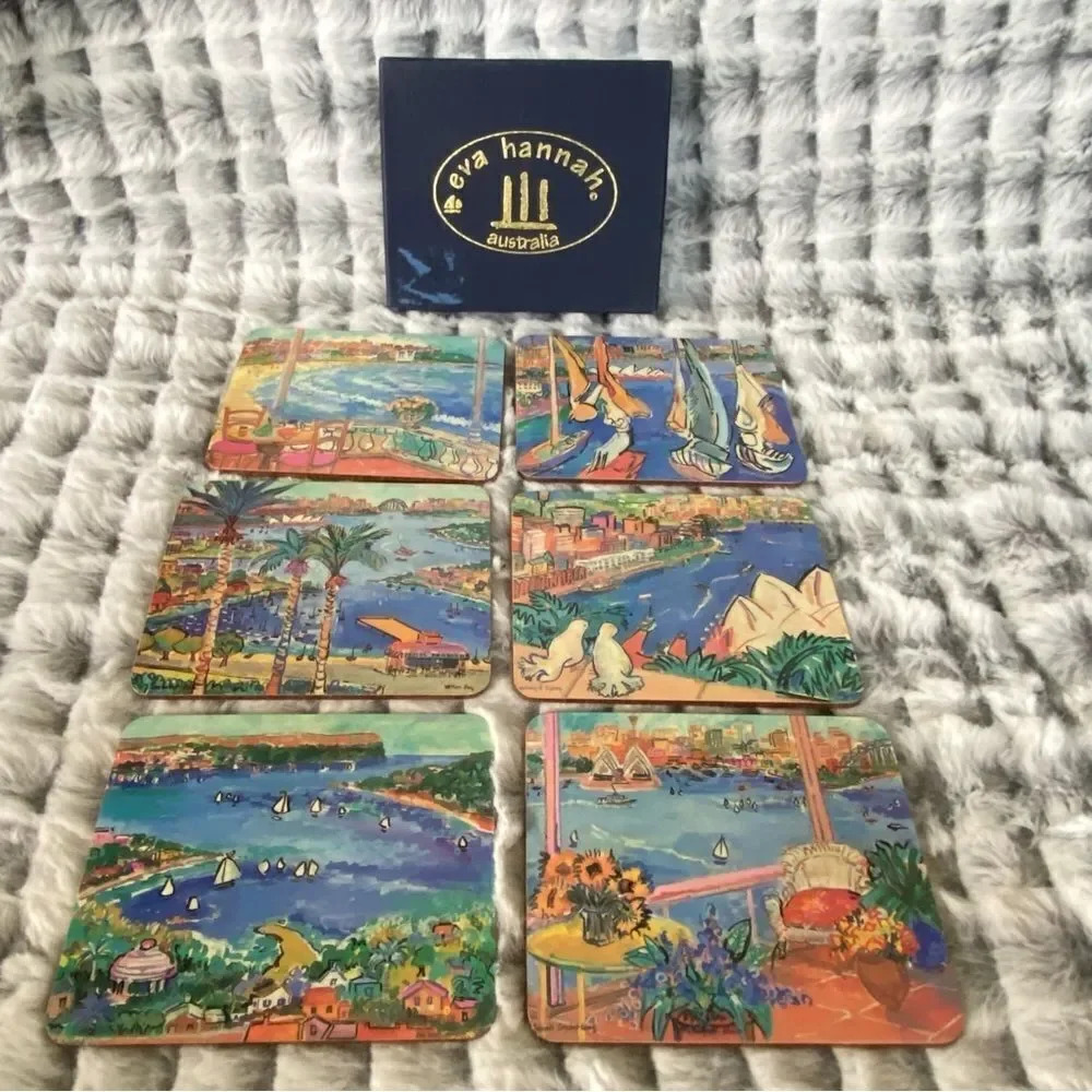 Eva Hannah‎ Drink Coasters Set Sydney Impressions Australia Souvenir Cork Backed